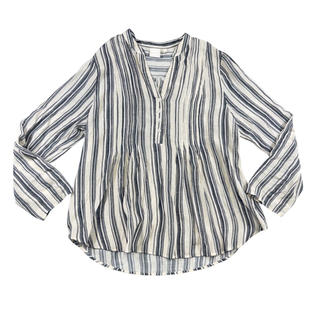 Zac & Rachel Striped Split Neck Pleated Blouse Navy Blue Cream XL